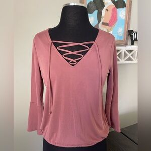 Aéropostale S Pink Criss-Cross 3/4 Bell Sleeve Blouse